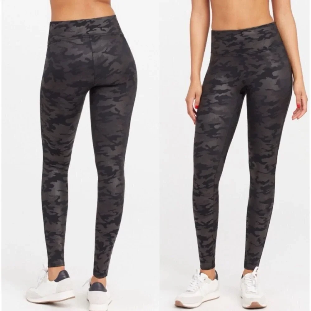 Black Spanx Camouflage Faux Leather High Waist Shapewear Leggings Camo Shine M - Picture 2 of 7